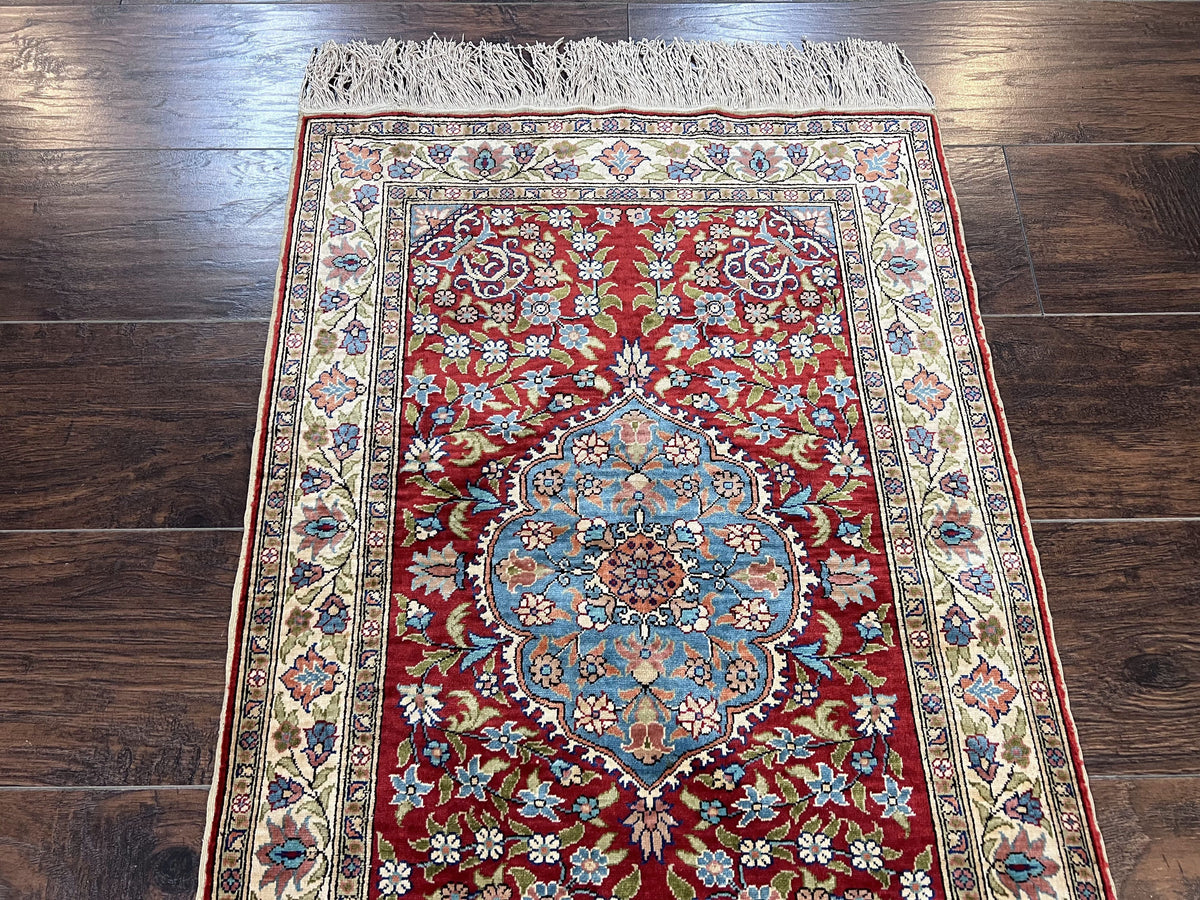 Silk Turkish Kayseri Rug 2x3, Small All Silk Turkish Carpet, Red and Light Blue, Very Fine Hand Knotted Semi Antique Vintage Handmade Rug - Jewel Rugs, view 3