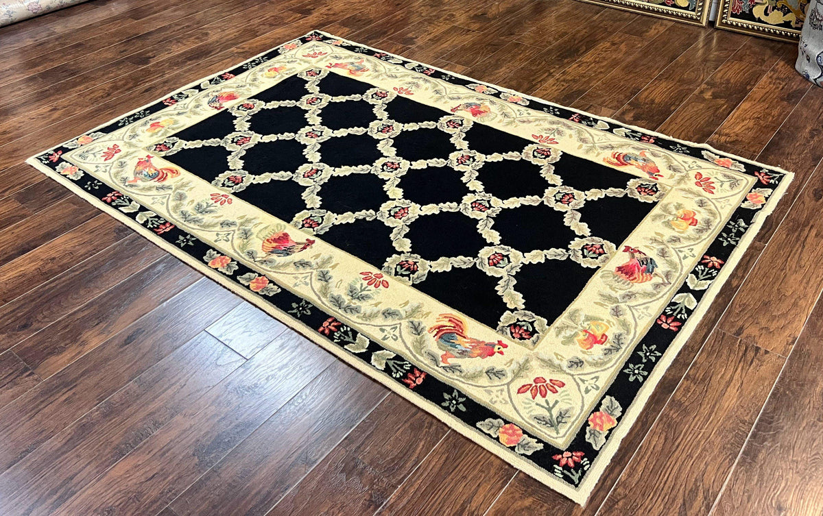 Hooked Rug 5x8, European Aubusson Pattern, Black and Ivory, Roses & Roosters, Vintage Wool Rug - Jewel Rugs, view 3