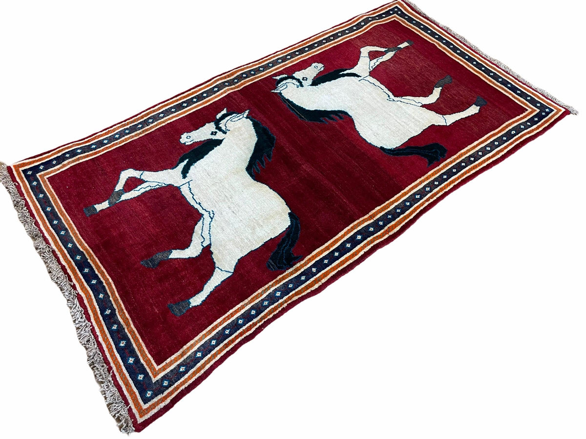 3.5 X 6 Handmade Hand-Knotted New Vintage Rug Quality Wool White Horses Red - Jewel Rugs, view 2
