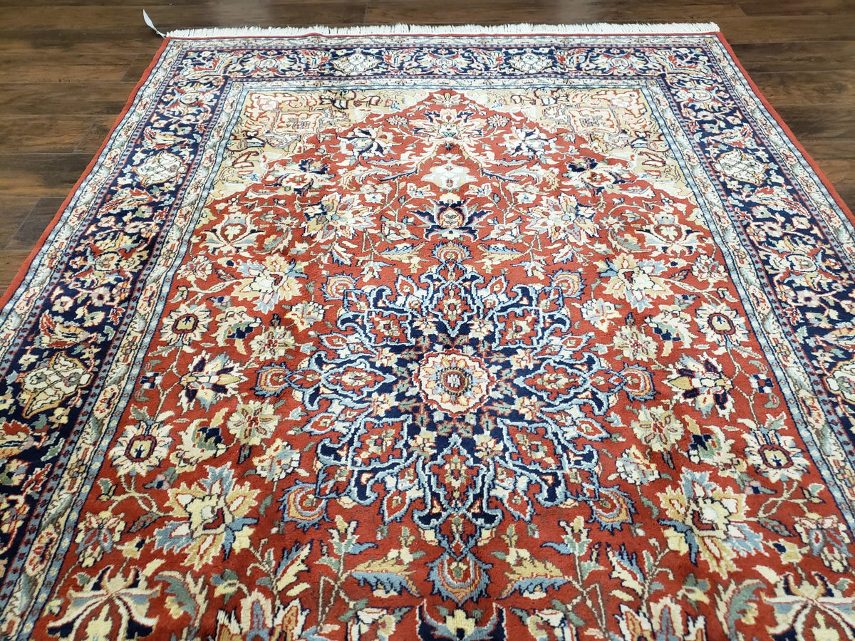 Vintage Indo Persian Oriental Rug 6 x 9.6, Wool Hand-Knotted Red Dark Blue & Gold Indian Carpet, 6 x 9 Office Room Rug, Floral Medallion - Jewel Rugs, view 3