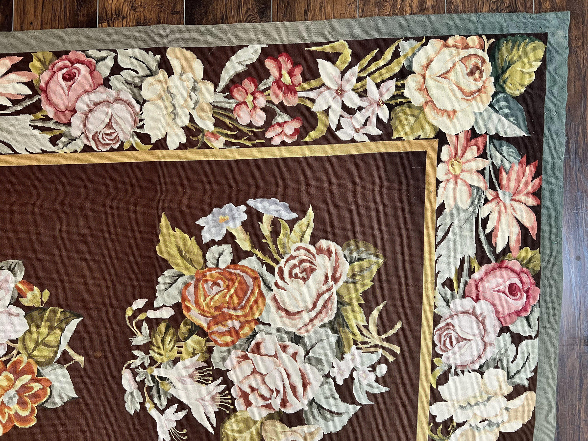 Vintage Needlepoint Rug 9x12, Large Handmade Hand-woven Needlepoint Carpet, Brown Area Rug, Floral Bouquets, Wool Rug, European Design - Jewel Rugs, view 8