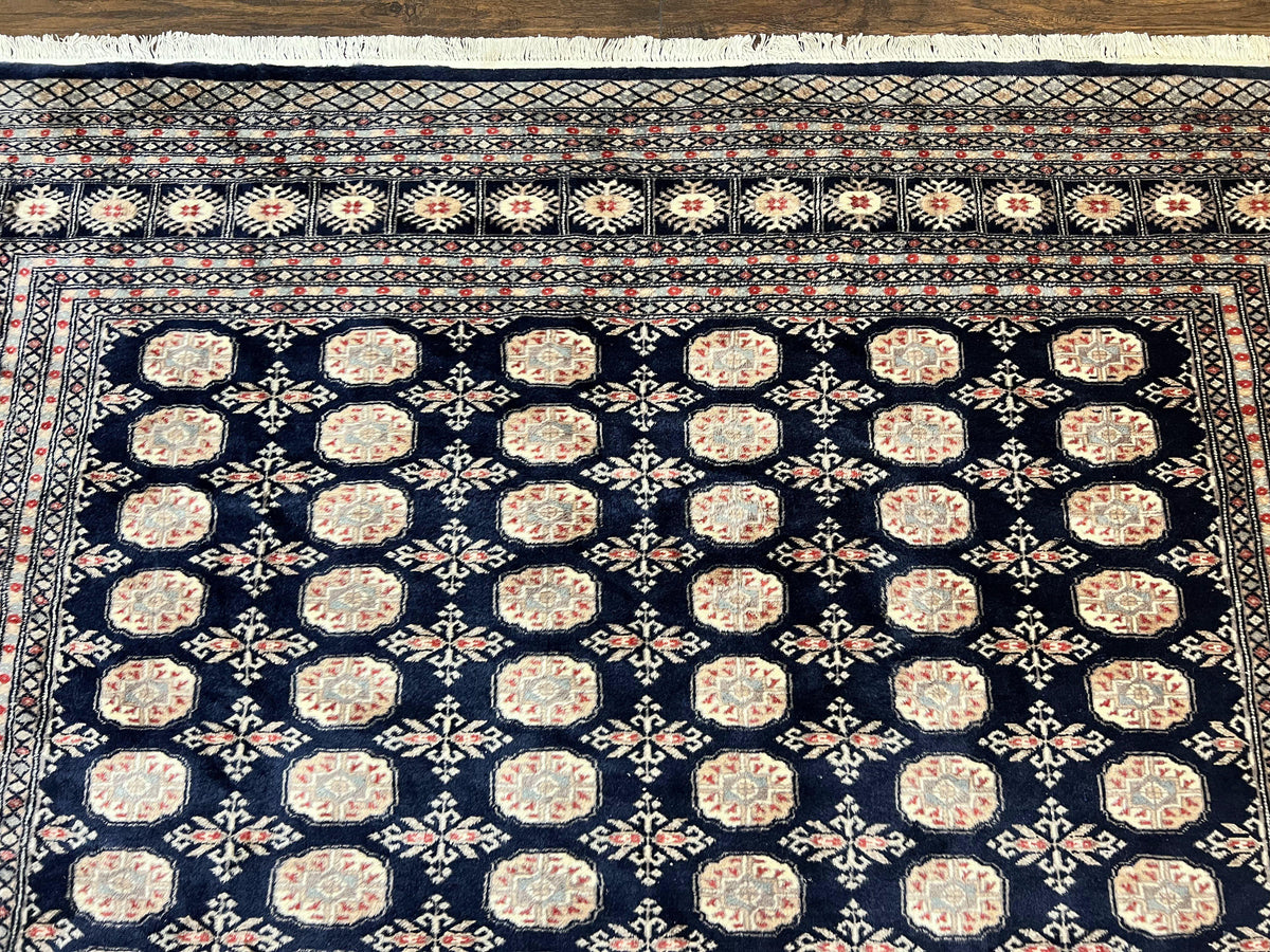 Pakistani Bokhara Rug 8x10, Turkoman Carpet, Dark Blue and Beige, Vintage Handmade Wool Carpet - Jewel Rugs, view 4