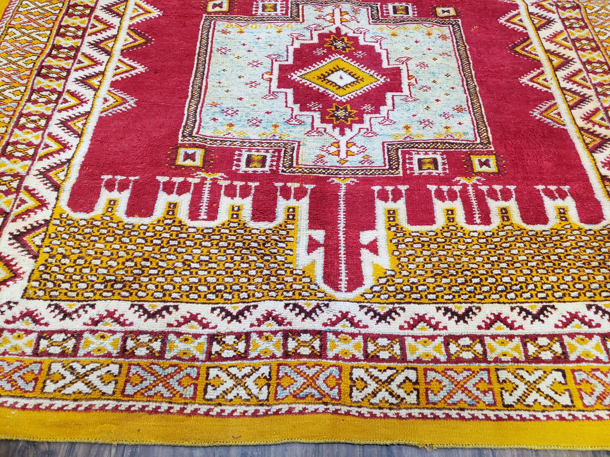 Vintage Moroccan Rug 6x10, Red and Yellow Moroccan Carpet, Handmade Bohemian Tribal Area Rug, Hand-Knotted 1970s Wool Rug, Medalions - Jewel Rugs, view 10
