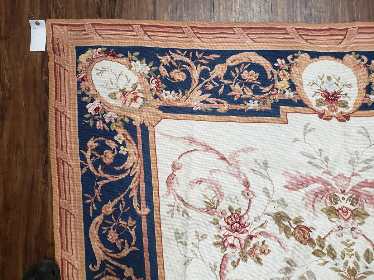Chinese Aubusson Savonnerie Area Rug 6x8, Vintage Hand-Woven Needlepoint Rug, Flat Weave Handmade Wool Carpet Living Room Ivory & Navy Blue - Jewel Rugs, view 6