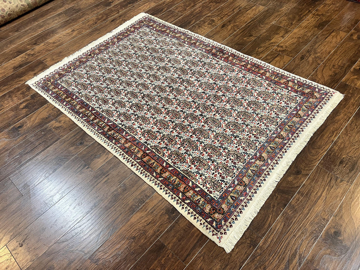 Persian Rug 4x6, Mashad Kashmar Rug, Boteh Paisley Design, Allover Repeated Pattern, Ivory Hand Knotted Vintage Semi Antique Persian Oriental Carpet - Jewel Rugs, view 12