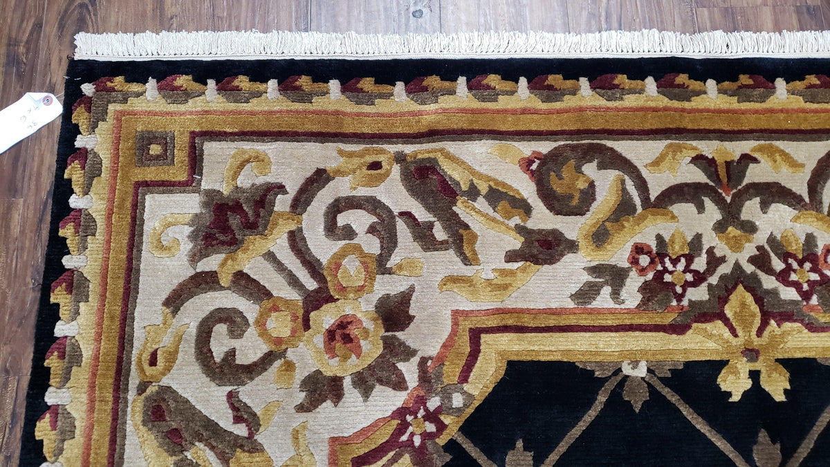 Nepal Rug 6x9, Nepalese Aubusson Area Rug 6 x 9, Hand-Knotted Wool Soft Pile Black & Beige Tibetan Aubusson New Carpet European Savonnerie - Jewel Rugs, view 7