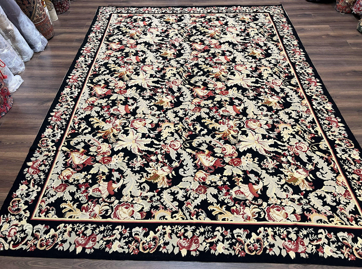 Wool Needlepoint Rug 9x12, William Morris Vintage Chinese Needlepoint Carpet 9 x 12, Handwoven, Allover Floral Area Rug, Black Light Green - Jewel Rugs