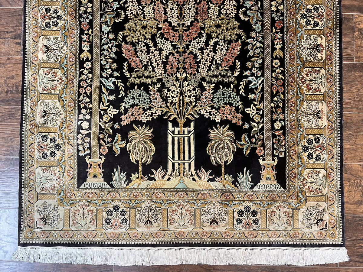 Wonderful Sino Persian Silk Rug 4x6, Tree of LIfe Design, Masterpiece 575 KPSI, Birds, Prayer Rug, Black, Silk on Silk - Jewel Rugs, view 4