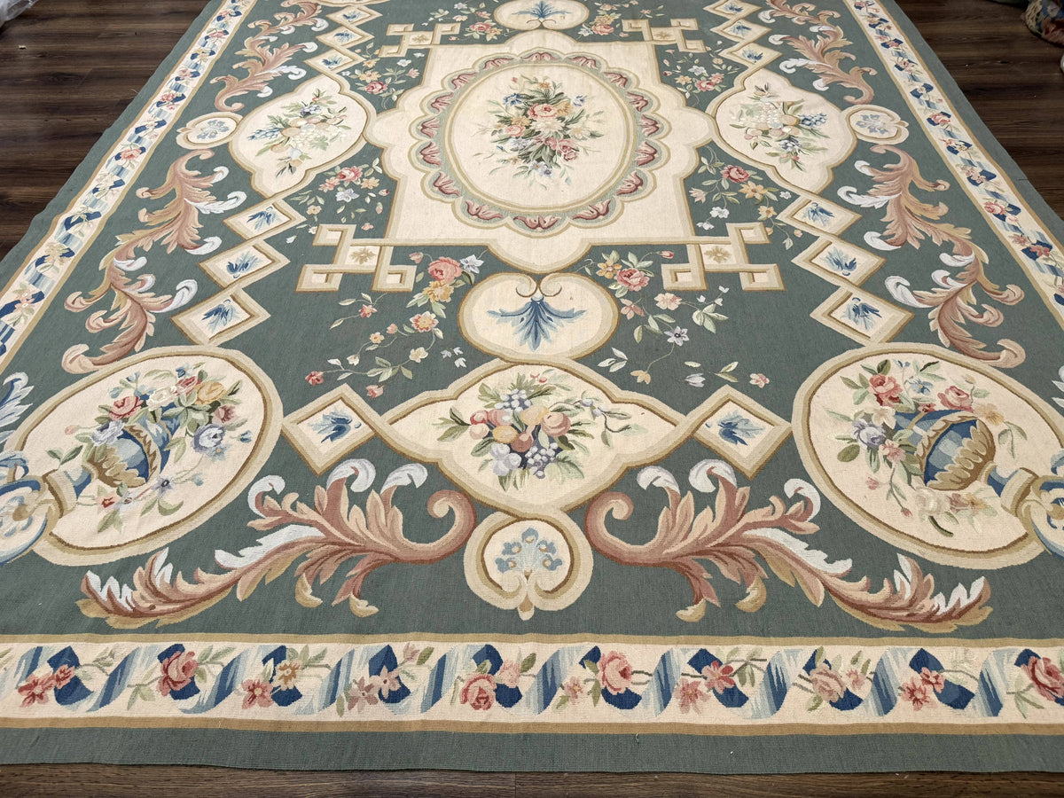 Aubusson Rug 9x12, Muted Sage Green and Cream, European Design - Jewel Rugs, view 6