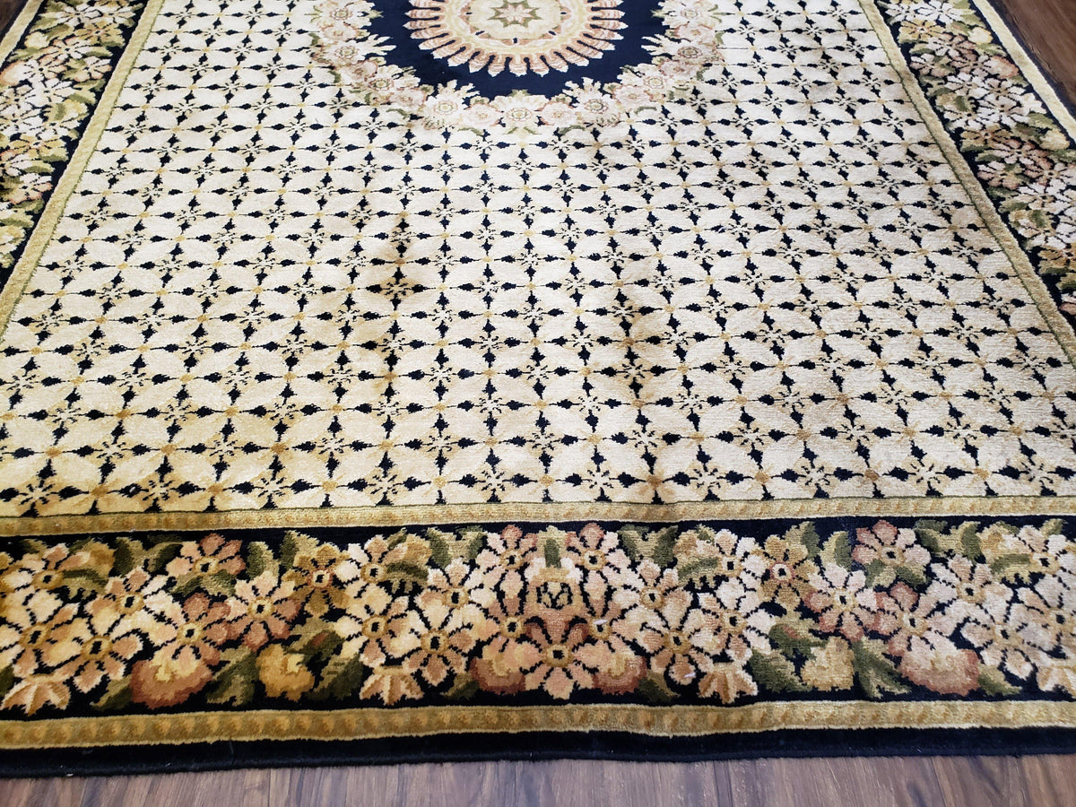 Indian Rug with Tibetan Weave, 6x8 - 6x9 Rugs, Indo-Tibetan Rug, Black and Cream Beige Tan, Floral Border, Soft Rug, Handmade Area Rug, Wool - Jewel Rugs, view 6