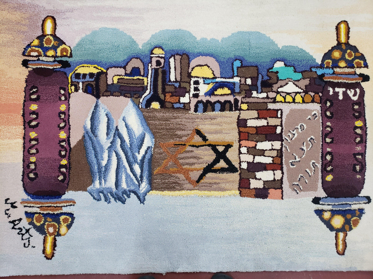 Vintage Judaica Pictorial Rug 3x5, Wool Hand-Tufted Israeli Signed Rug, Jerusalem Rug, Star of David Torah Scroll Verses, Chanuka Gift - Jewel Rugs, view 2