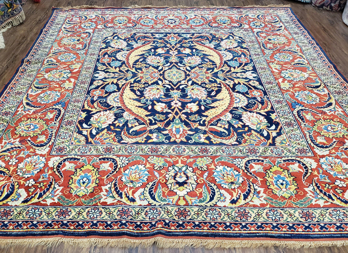 Square Turkish Mahal Rug 8 x 8.5, Colorful Square Carpet, Large 8ft Square Rug, Blue Red Yellow, Handmade Wool, Vintage, Large Flowers, Nice - Jewel Rugs, view 2