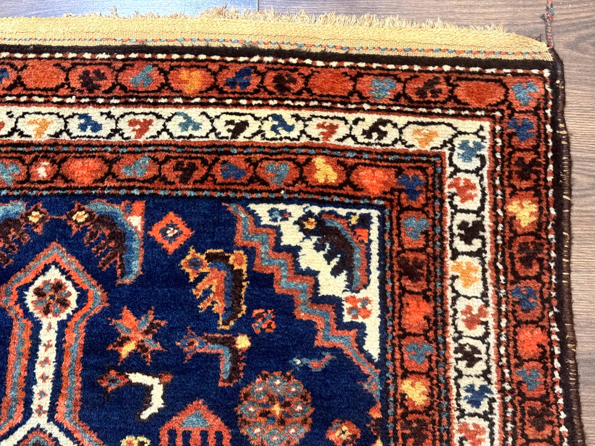 Antique Persian Hamadan Rug 4x6, Geometric, Double Medallions, Navy Blue, Tribal Carpet - Jewel Rugs, view 8