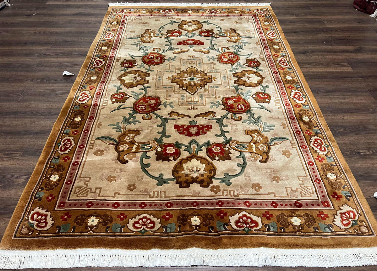 Chinese Wool Rug 5.9 x 9, Tan and Brown Asian Art Deco Carpet, Vintage 1960s Oriental Rug, Hand-Knotted Rug, Soft Wool, Medallion, Pair B - Jewel Rugs, view 2