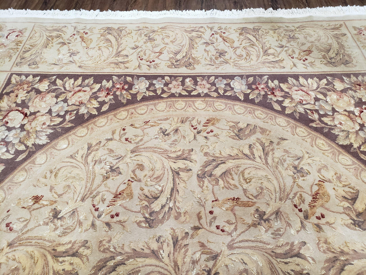 Chinese Aubusson Savonnerie Area Rug 8x12, Vintage 120 Line Carpet, Wool and Silk Hand-Knotted, Birds Flowers Master Weaver Signature - Jewel Rugs, view 12