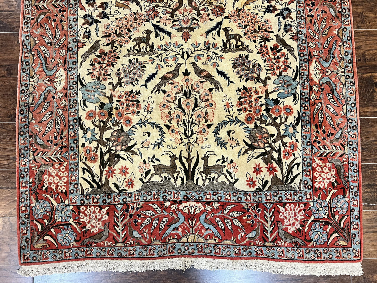 Persian Tree of Life 5x7, Qum Rug, Animal Motifs, Deer Birds, Fine 225 KPSI, Semi Antique Wool Rug, Cream Red - Jewel Rugs, view 5