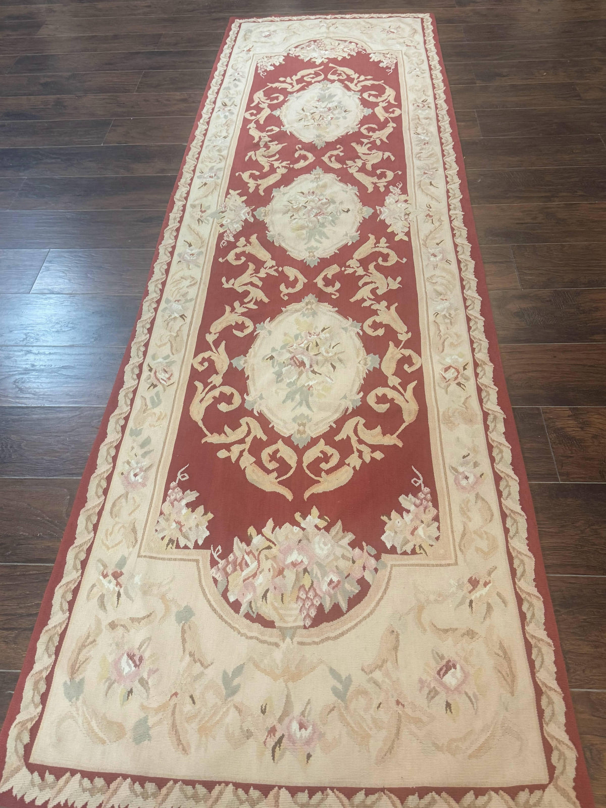 Aubusson Runner Rug 3x10, European Design, Red and Beige, Elegant, Handmade Wool Rug - Jewel Rugs, view 2