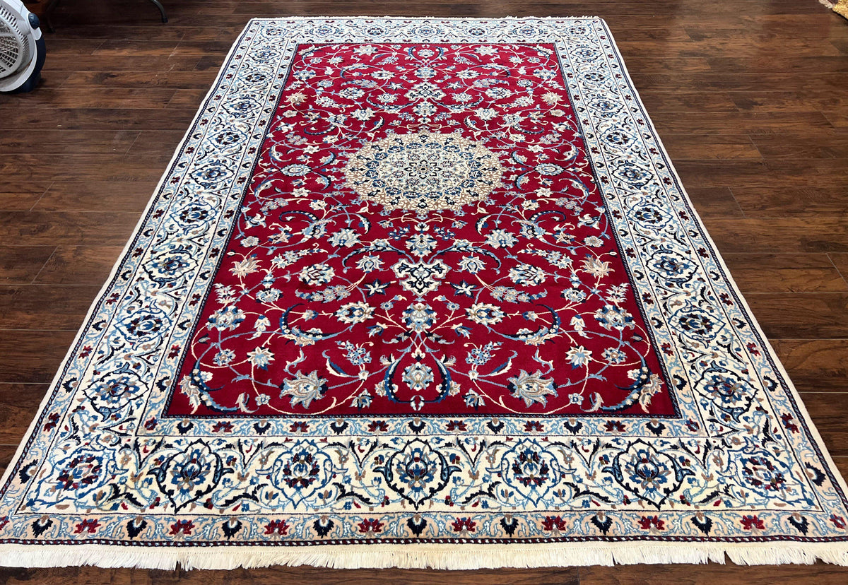 Persian Nain Rug 6x10, Wool and Silk Highlights, Red and Ivory, Floral Medallion, Vintage Handmade Hand Knotted, Fine 225 KPSI, Traditional Rug - Jewel Rugs