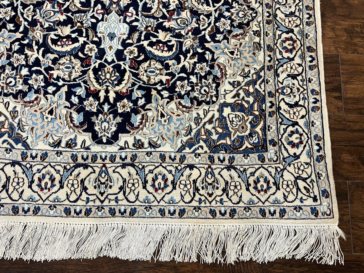 Persian Nain Rug 4x6, Floral, Hand Knotted Vintage Wool & Silk Highlights, Signature from Masterweaver, Navy Blue and Ivory - Jewel Rugs, view 10