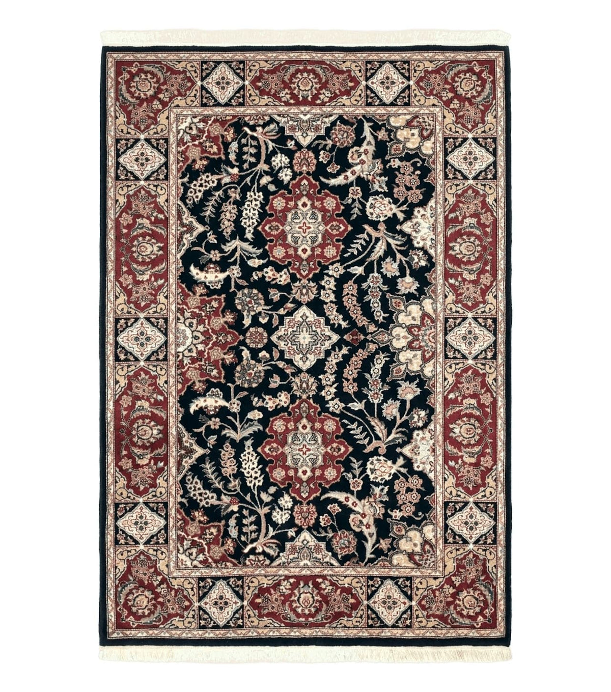 Pak Persian Rug 4x6, Black and Burgundy, Floral Allover, Wool and Silk - Jewel Rugs