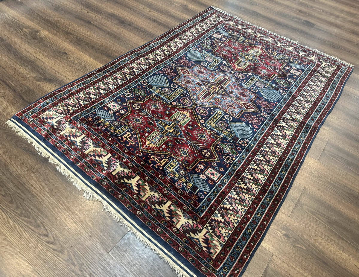 Indian Rug with Caucasian Design, 4x6 Geometric Carpet, Navy Blue and Cream - Jewel Rugs, view 3