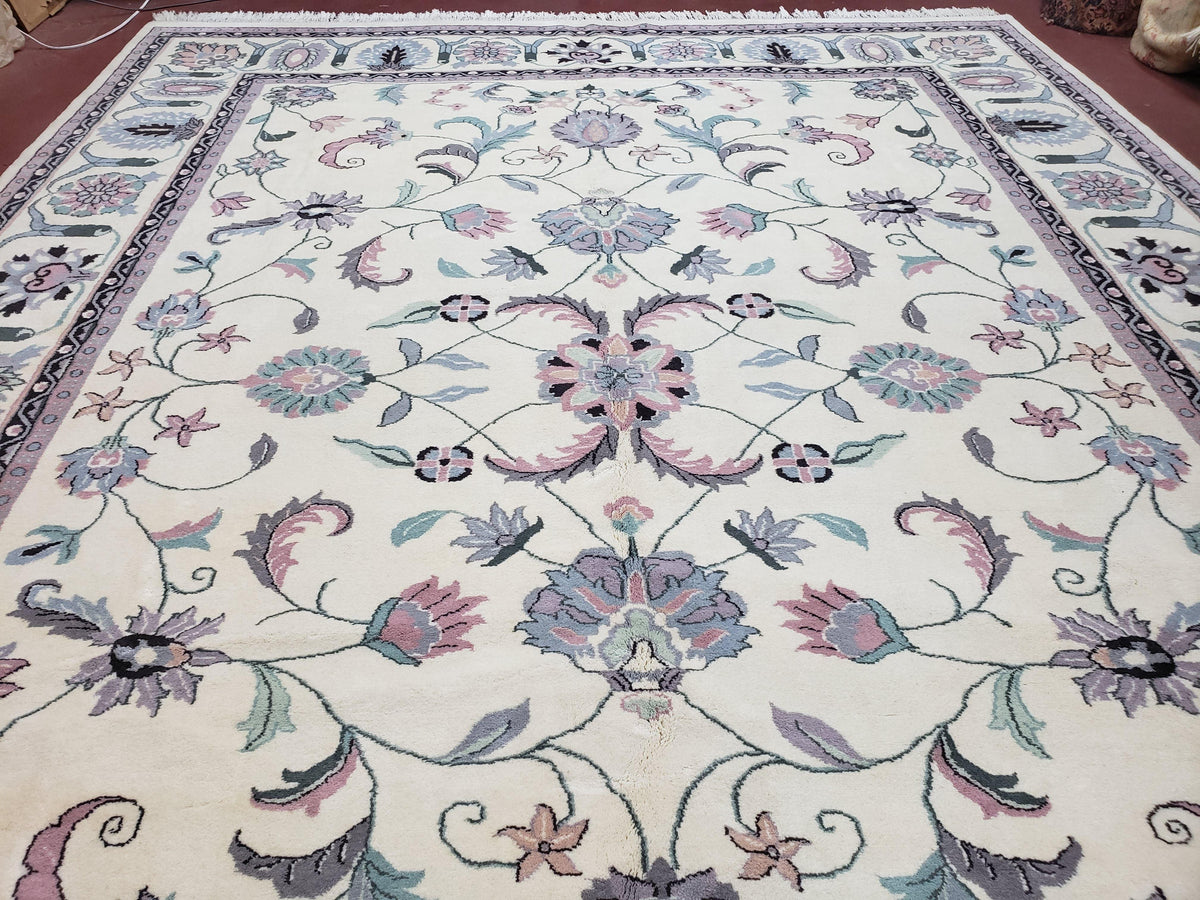 Ivory & Teal Indo Persian Area Rug 9x12, Wool Hand-Knotted Oriental Carpet, 9 x 12 Soft Traditional Living Room Rug, Dining Room Rug - Jewel Rugs, view 11