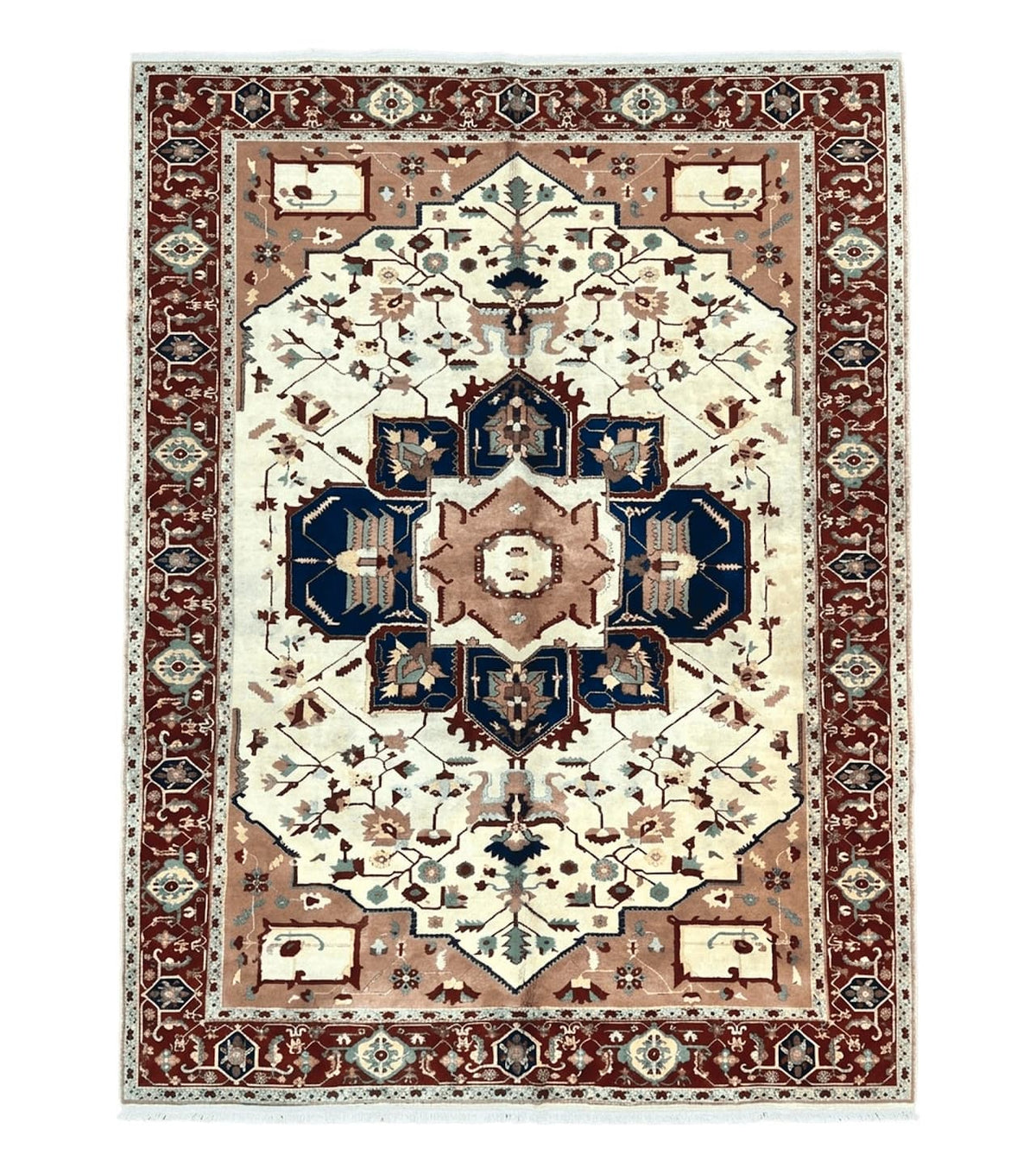 Indo Heriz Rug 9x12, Geometric Indo Persian Room Sized Decorative Area Rug 9 x 12 ft, Cream Navy Blue Pink Handmade Vintage Wool Carpet - Jewel Rugs