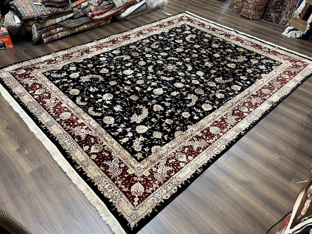 Sino Persian Rug 9x12, High Quality Oriental Carpet, Black and Maroon, Wool and Silk, Allover Floral Pattern, Hand Knotted, Vintage Rug Nice - Jewel Rugs, view 12