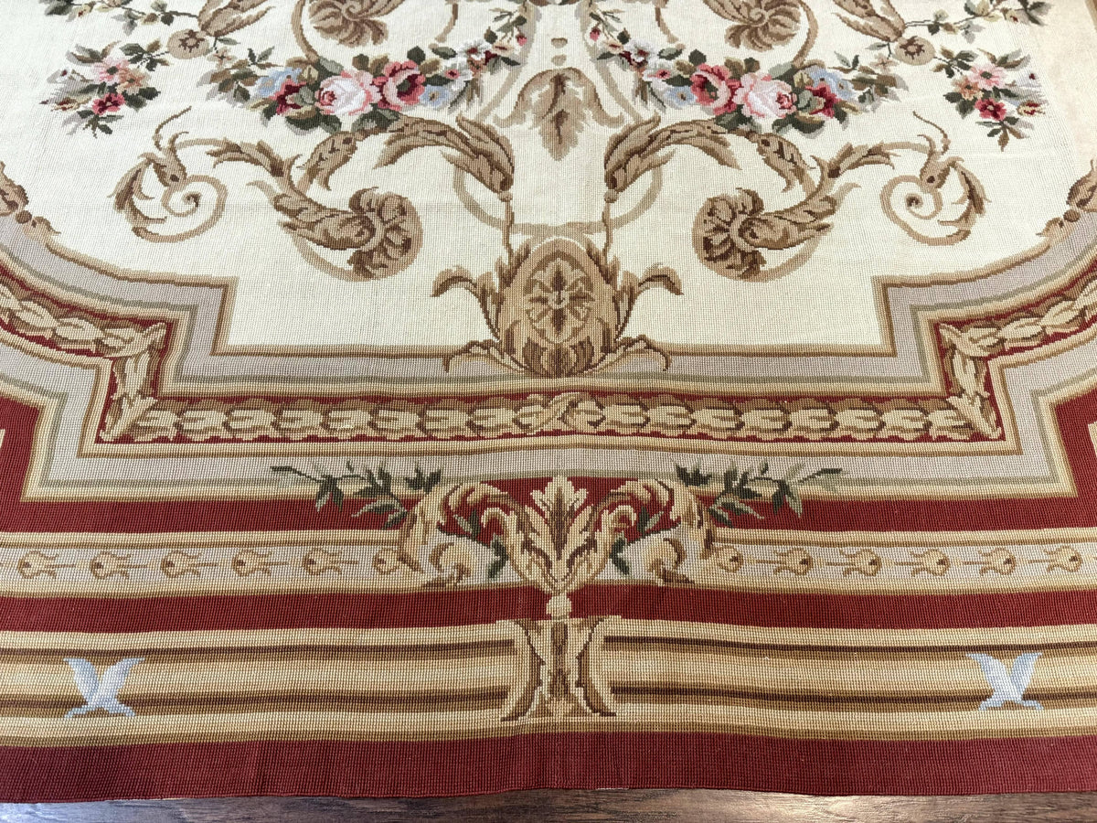 Aubusson Needlepoint Rug 9x11, Handmade Vintage Wool Flatweave Carpet, Elegant European Rug, Floral, Cream - Jewel Rugs, view 6
