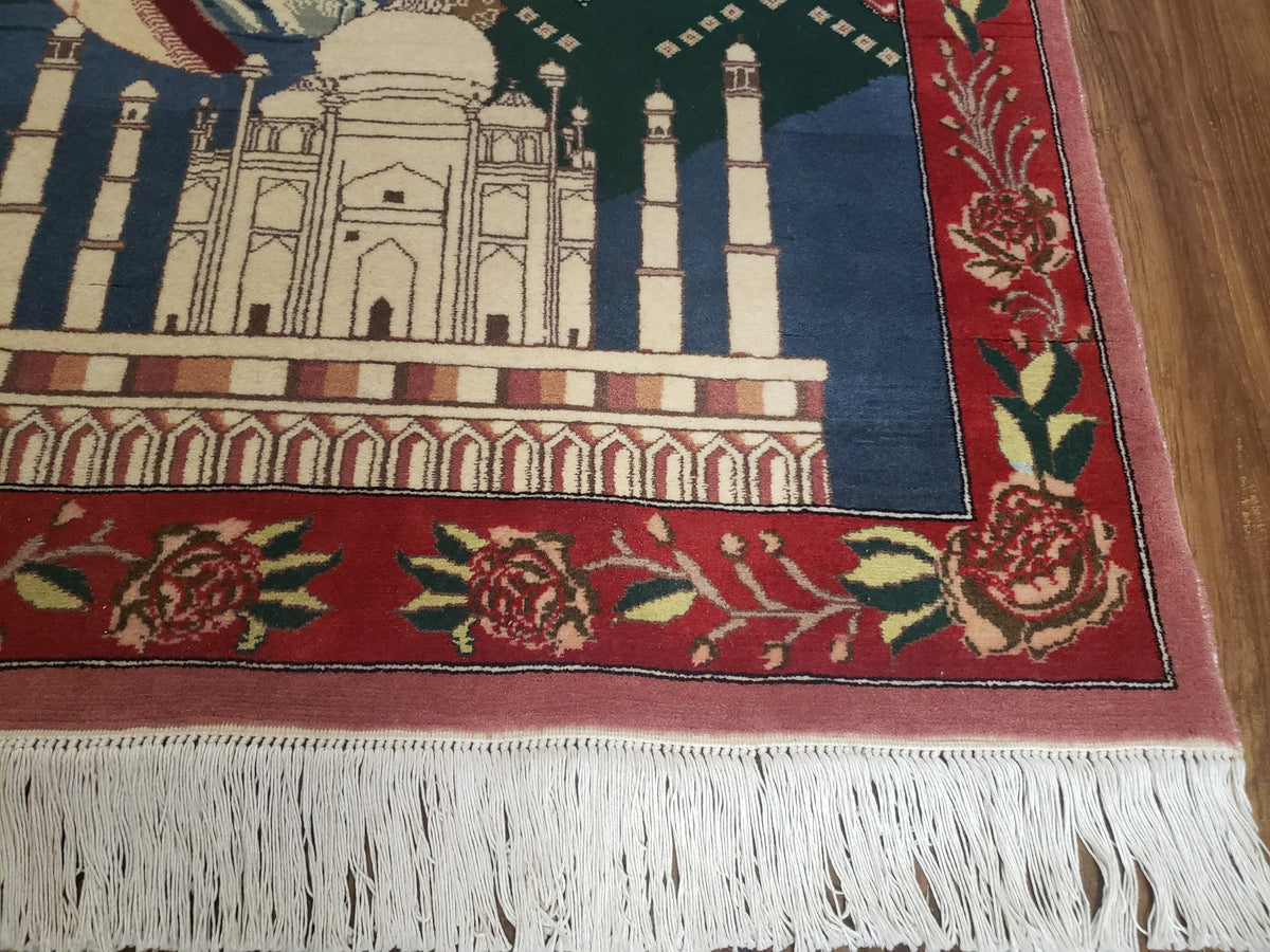 Vintage Small Pictorial Lovers Rug 2.5 x 4, Taj Mahal Indo Persian Rug, Wool Hand-Knotted Indian Rug, King & Queen, Layla and Majnun - Jewel Rugs, view 10