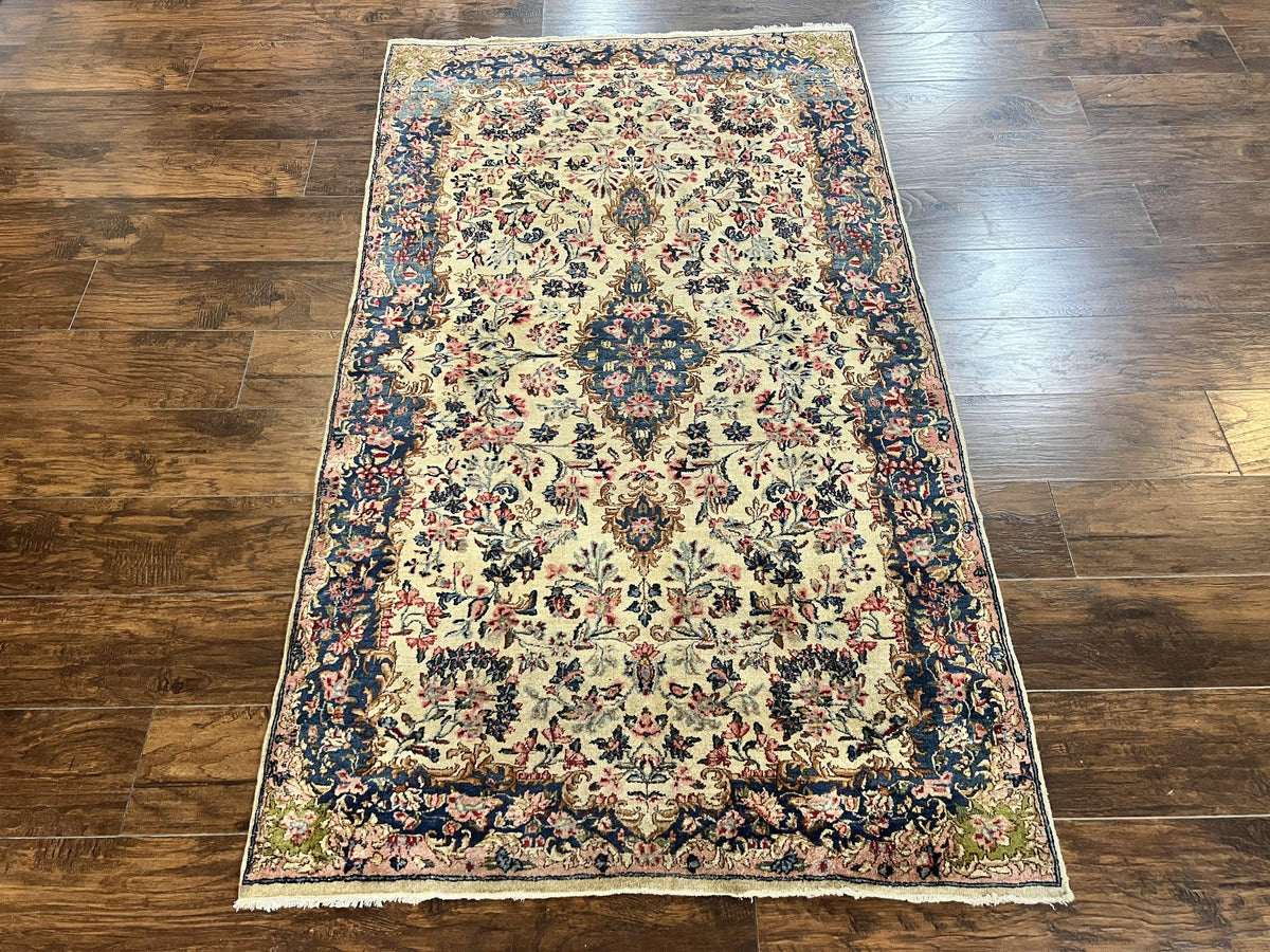 Antique Persian Kirman Rug 4x7, Cream and Navy Blue, Hand Knotted Wool Floral Carpet - Jewel Rugs, view 13