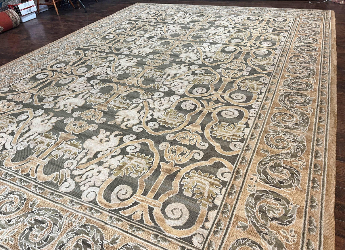Spanish Rug 11x14, Wool Hand Knotted Vintage Carpet, Olive Green and Beige, Floral Allover, European Design, 11 x 14 Rug - Jewel Rugs, view 3