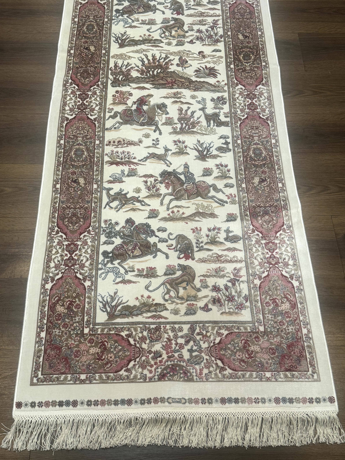 Turkish Silk Runner Rug 2.6 x 8, Hunting Design, Ivory, Bamboo Silk, New - Jewel Rugs, view 6