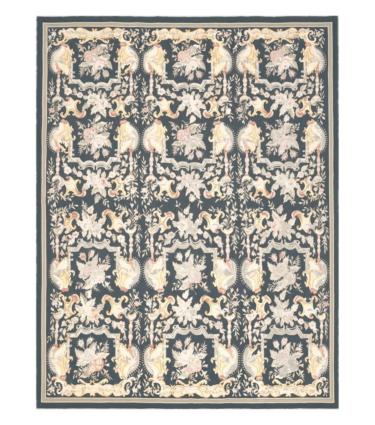 Vintage Black Aubusson Area Rug 8x10, Large Flowers Chinese Aubusson Carpet 7.9 x 10, Wool Hand-Knotted Floral Pattern Flat Weave Rug Nice - Jewel Rugs