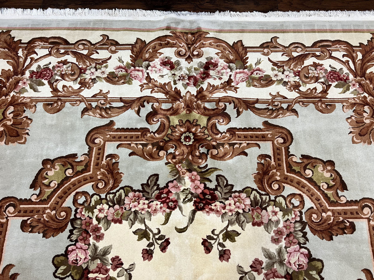 Aubusson Rug 10x13, Cream and Light Mint Green Hand Knotted Handmade French Savonnerie European Carpet, Wool Pile, Large Room Sized Vintage - Jewel Rugs, view 4