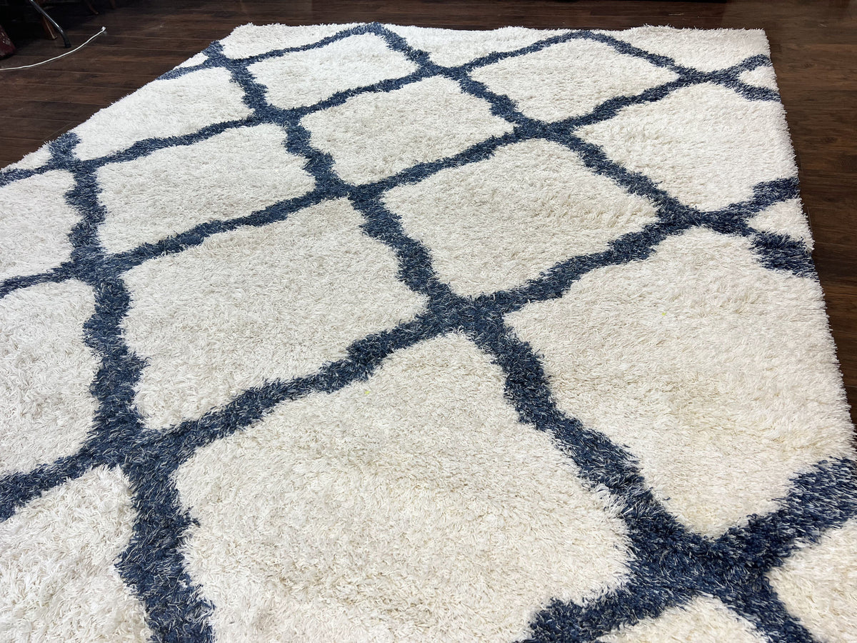 Modern Shag Rug 9x12, Ivory and Dark Blue, Diamond Pattern, Soft, Room Sized, Contemporary Rug, Plush - Jewel Rugs, view 13