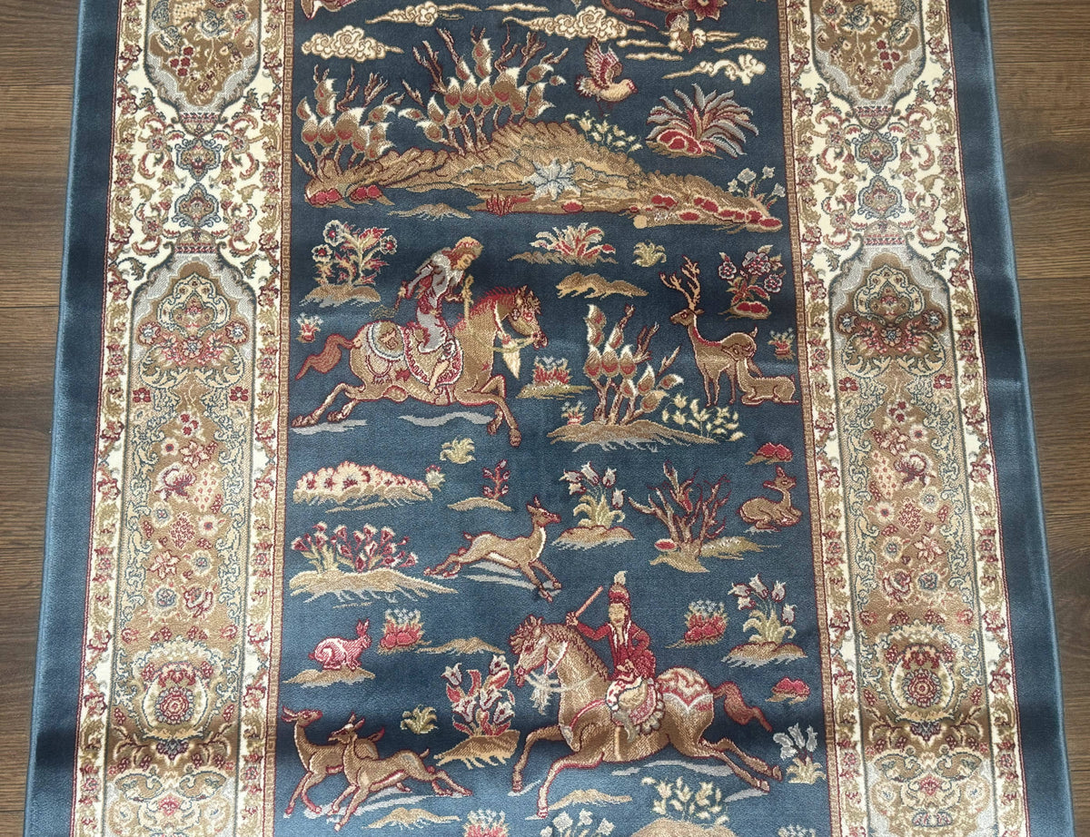 Turkish Silk Hunting Scene Rug 2.6 x 5, Dark Steel Blue & Ivory, Bamboo Silk, New - Jewel Rugs, view 5