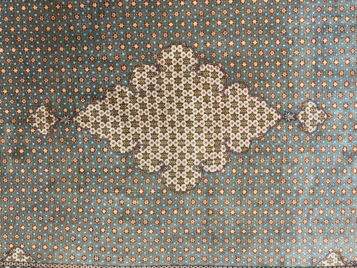 Rare Persian Rug 8x12, Qum Rug, Repeated Star Motifs, Blue and Ivory, Fine 300 KPSI, Hand Knotted Handmade Vintage Wool Rug - Jewel Rugs, view 4