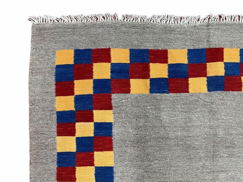 Gray Kilim Carpet, Yellow, Red, Blue Checkerboard Pattern, Flatweave, New, Geometric, Hand-Knotted, Wool, Turkish Area Rug, 5' 9" x 7' 9" - Jewel Rugs, view 7