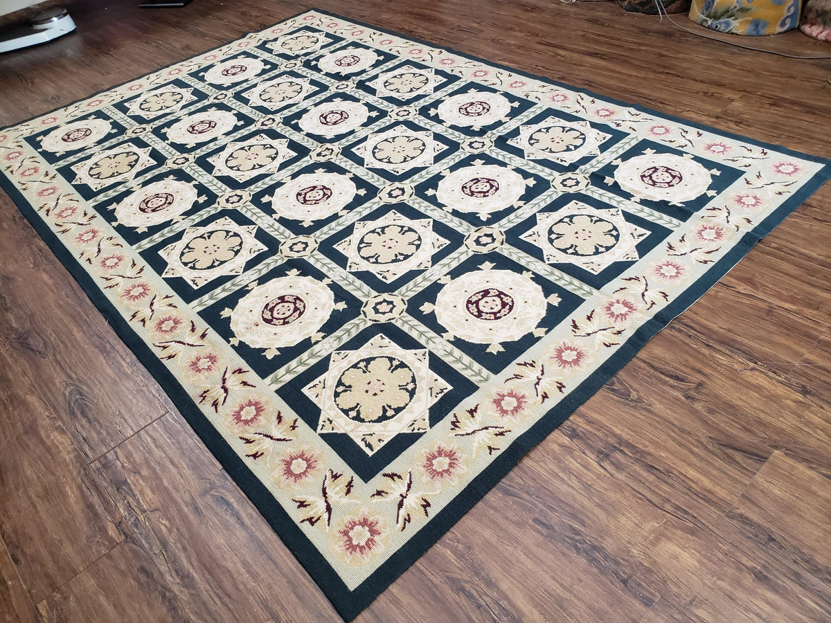 Vintage Chinese Needlepoint Rug 6x9, Panel Design Area Rug Wool Hand-Woven Black & Ivory Carpet Flat Weave Bedroom Rug 6 x 9 Living Room Rug - Jewel Rugs, view 12