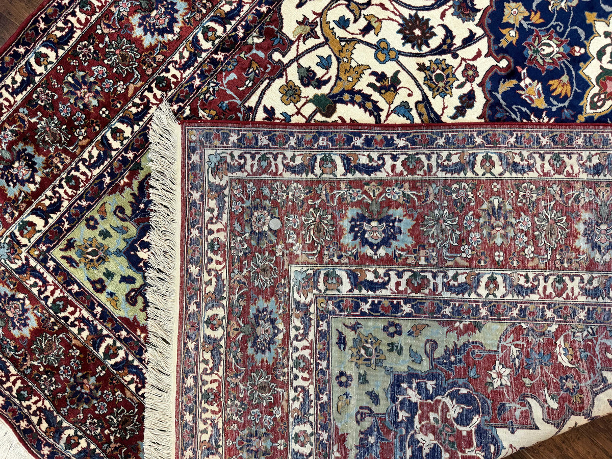 Wonderful Persian Isfahan Rug 7x9, Ivory Navy Blue Red, Floral Medallion, Very Finely Hand Knotted 260 KPSI, Handmade Wool Vintage Rug - Jewel Rugs, view 11