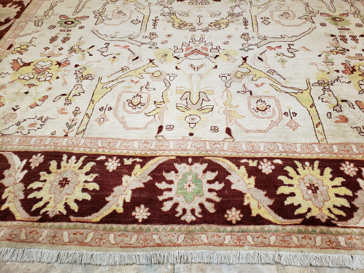 Beige and Maroon Peshawar Rug 10x15, Large Oushak Carpet, Pakistani Rug, Handmade Area Rug, Hand Knotted Rug, Living Room Rug, Nice Wool Rug - Jewel Rugs, view 6