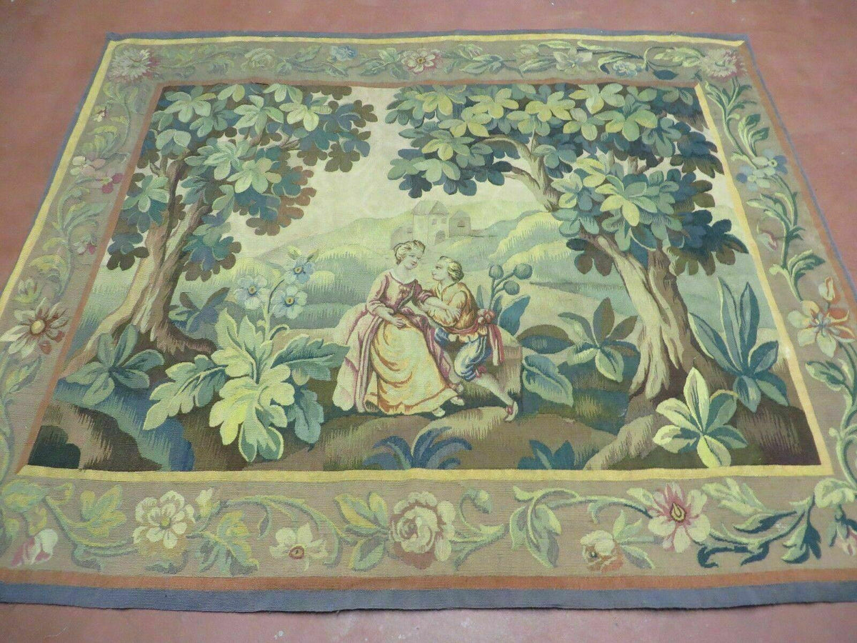 Antique French Tapestry 5x6 French Handmade Aubusson Nature One Of A Kind Rare - Jewel Rugs