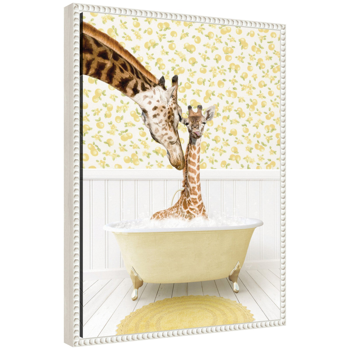 Sylvie Mother and Baby Giraffe in Cottage Yellow Bathtub Framed Canvas by Amy Peterson
