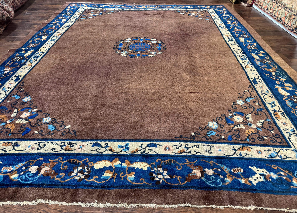 Antique Chinese Wool Rug 9x11, Large Chinese Art Deco Rug, Peking Rug, Brown and Blue, Open Field, Fete Rug - Jewel Rugs, view 2