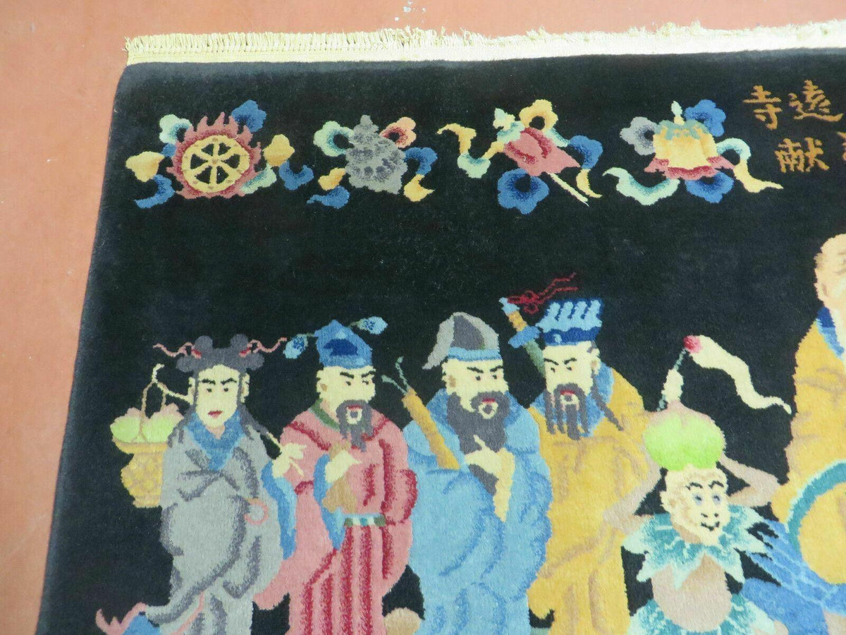 Chinese Wool Pictorial Rug 3x6 Counsel of Wise Elders Philosophers, Vintage Hand Knotted Black Chinese Carpet, Swan, Clouds Confucius, Rare - Jewel Rugs, view 4