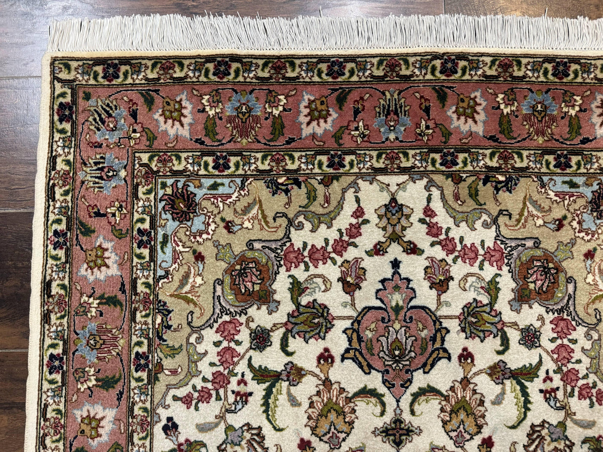 Fine Persian Tabriz Rug 3x5, Floral Medallion, 340 KPSI, Ivory Salmon - Jewel Rugs, view 7