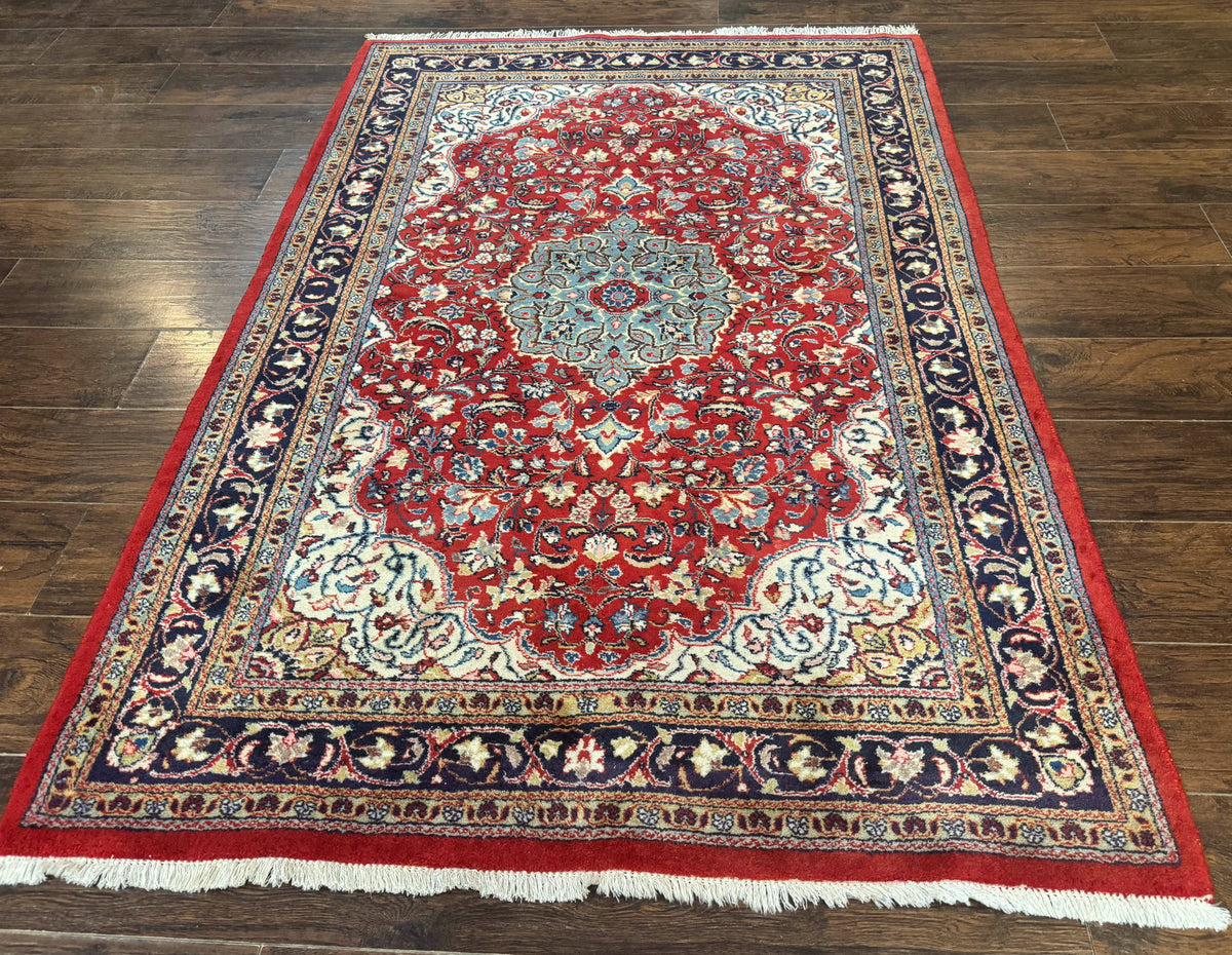 Persian Sarouk Rug 4x7, Red Navy Blue Vintage Wool Medallion Carpet - Jewel Rugs, view 2
