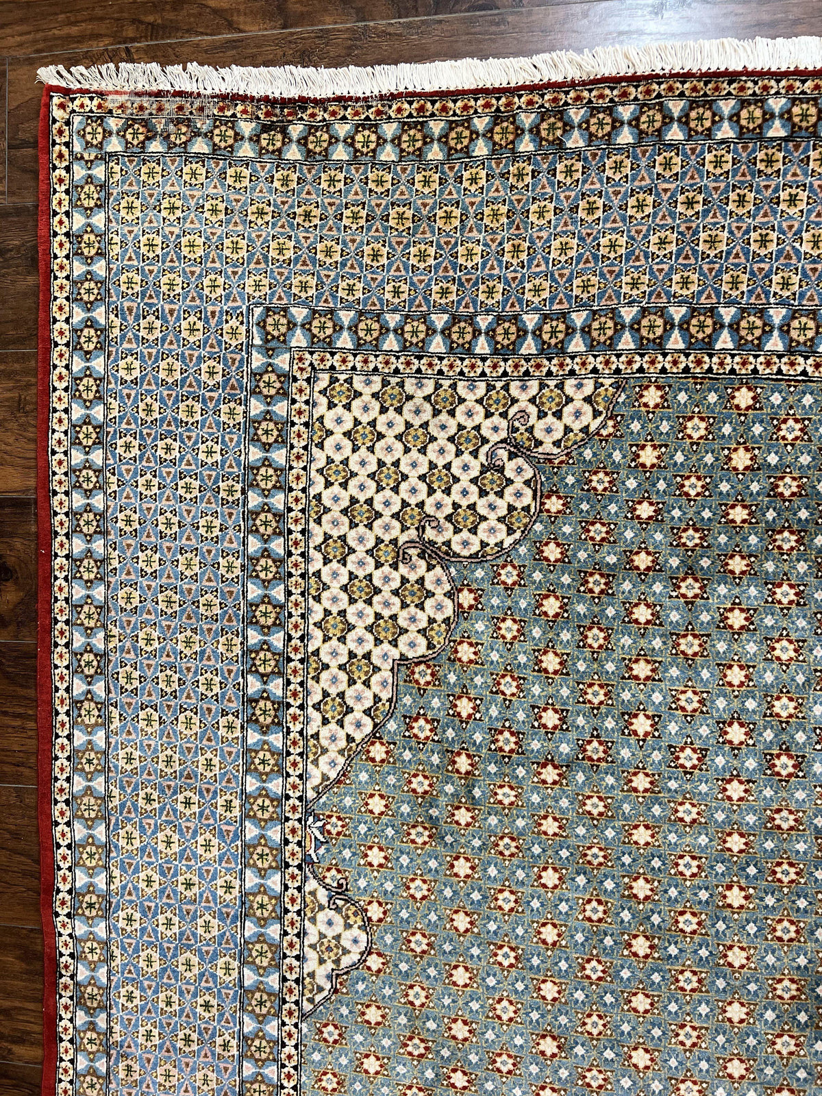 Rare Persian Rug 8x12, Qum Rug, Repeated Star Motifs, Blue and Ivory, Fine 300 KPSI, Hand Knotted Handmade Vintage Wool Rug - Jewel Rugs, view 6