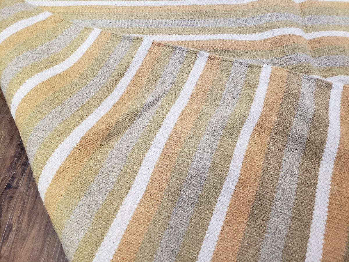 New Indian Kilim Area Rug, 6x8 - 7x8 South American Style Blanket, Striped Indian Wool Hand-Woven Flat Weave 6x9 Bedroom Rug, Ivory Ochre - Jewel Rugs, view 10